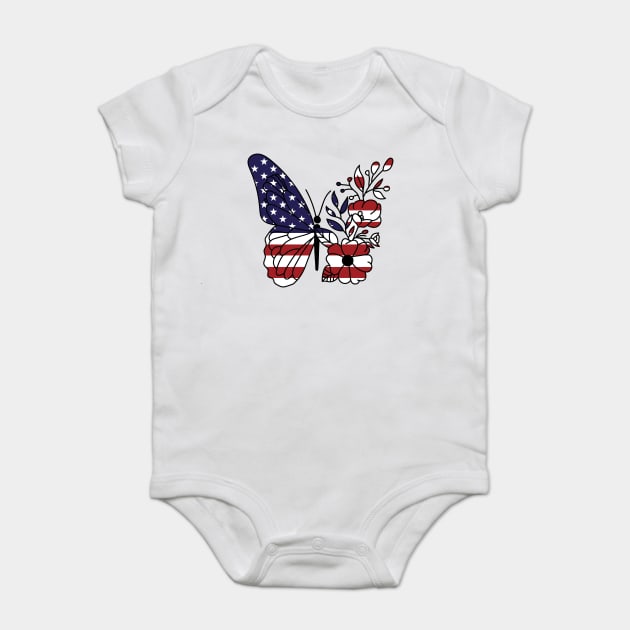 American Flag with Floral Butterfly, 4th of July Baby Bodysuit by Darksavage
